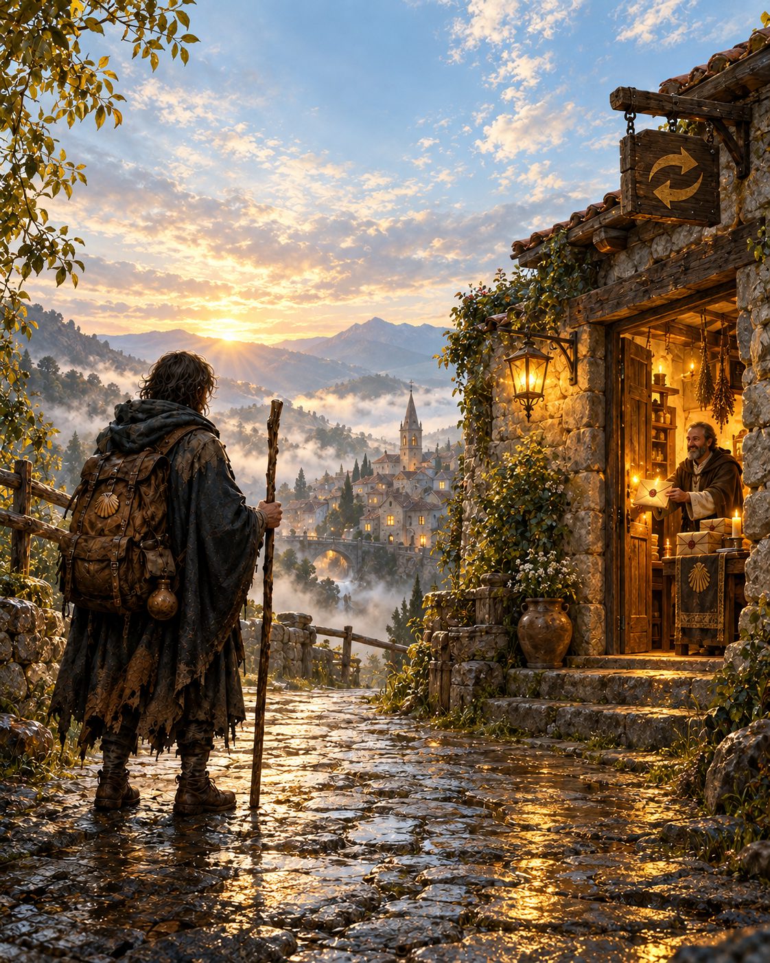 A pilgrim arriving at a lit waystation at dawn